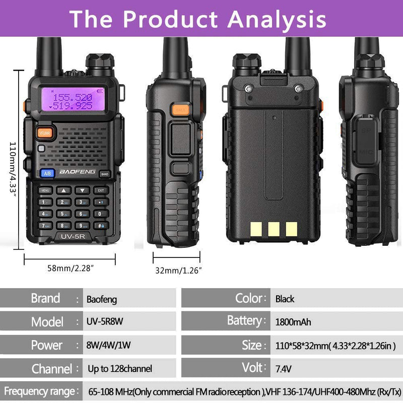 BaoFeng UV-5R 8W Ham Radio Long Range UV5R HandheldDual Band Walkie Talkies Two Way Radio Portable Tri-Power Radio(Black-8W 1Pack) Black-8W 1Pack