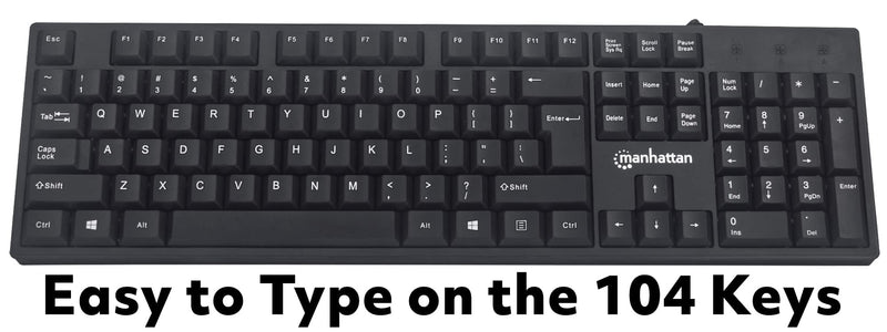 [AUSTRALIA] - Manhattan Wired Computer Keyboard, Black – Basic Keyboard - with 5ft USB-A Cable, 104-keys, Foldable Stands - Compatible for Windows, PC, Laptop - 3 Year Warranty - 179324 