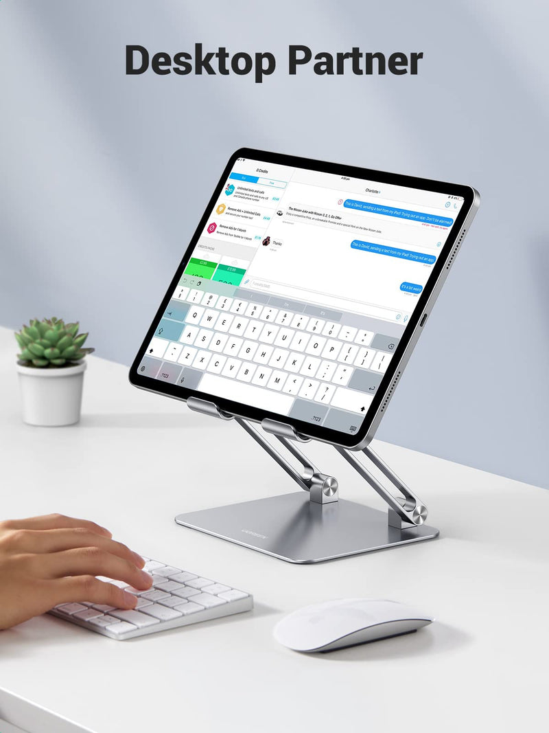 UGREEN Tablet Stand Holder for Desk Dual Rod Support Aluminum Tablet Holder Adjustable Dock Multi-Angle Riser Home Office Accessories Compatible with iPad Pro 12.9, iPad Air Mini 6 5 4 3 2 Silver