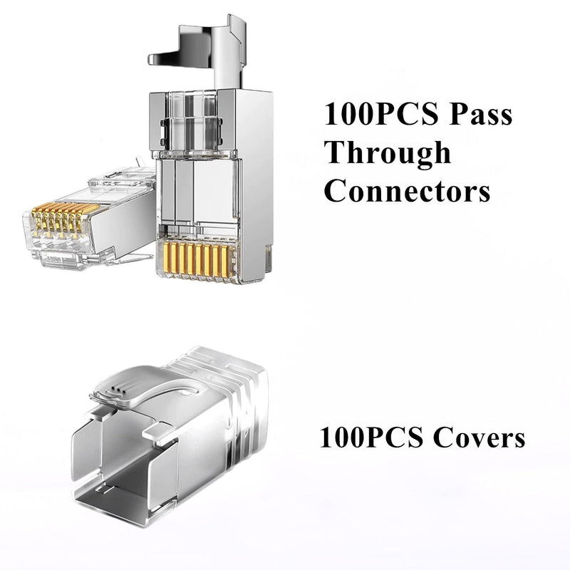100-Pack Cat7 Cat6A Pass Through Shielded RJ45 Connectors | Modular Network RJ45 Plugs Ends for Cat7 Cat6A, 100PCS Strain Relief