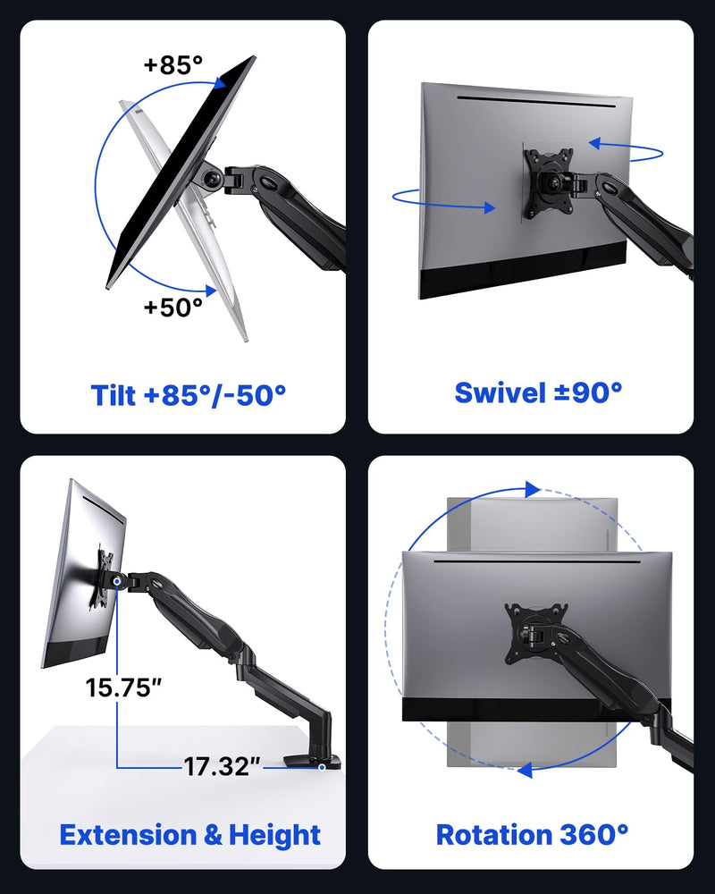 HUANUO FlowLift™ Single Monitor Mount, 13 to 32 Inch Monitor Arm, Adjustable Monitor Stand, Vesa Mount with Clamp and Grommet Base - Fits 4.4 to 19.8lbs LCD Computer Monitors Black 1