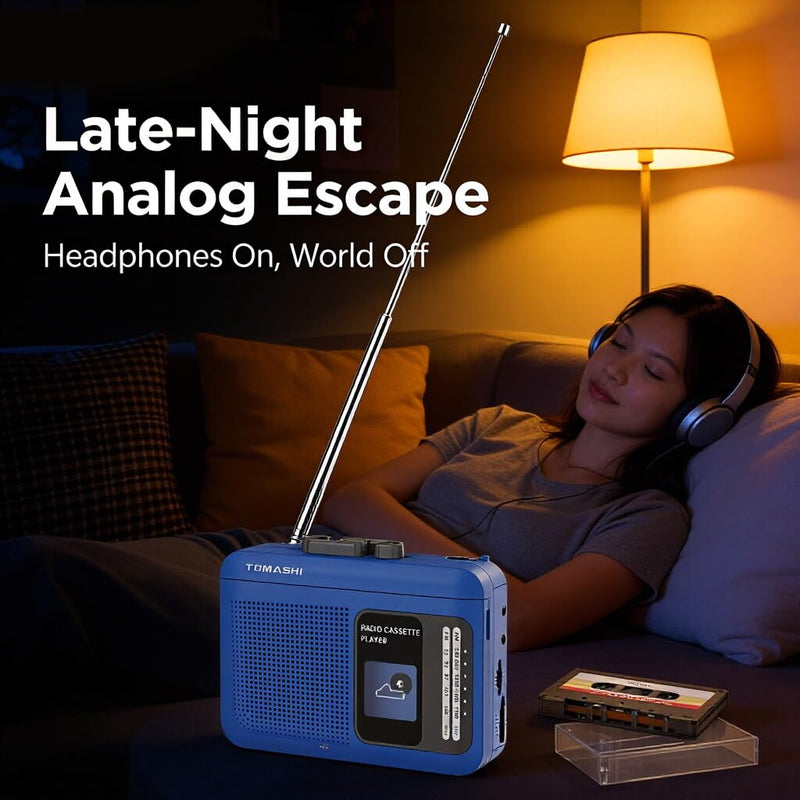 [AUSTRALIA] - Portable Cassette Tape Player Recorder with AM/FM Radio, Built-in Speaker & Microphone, 3.5mm Headphone Jack, Walkman Style, USB/Battery Powered, Retro Blue 