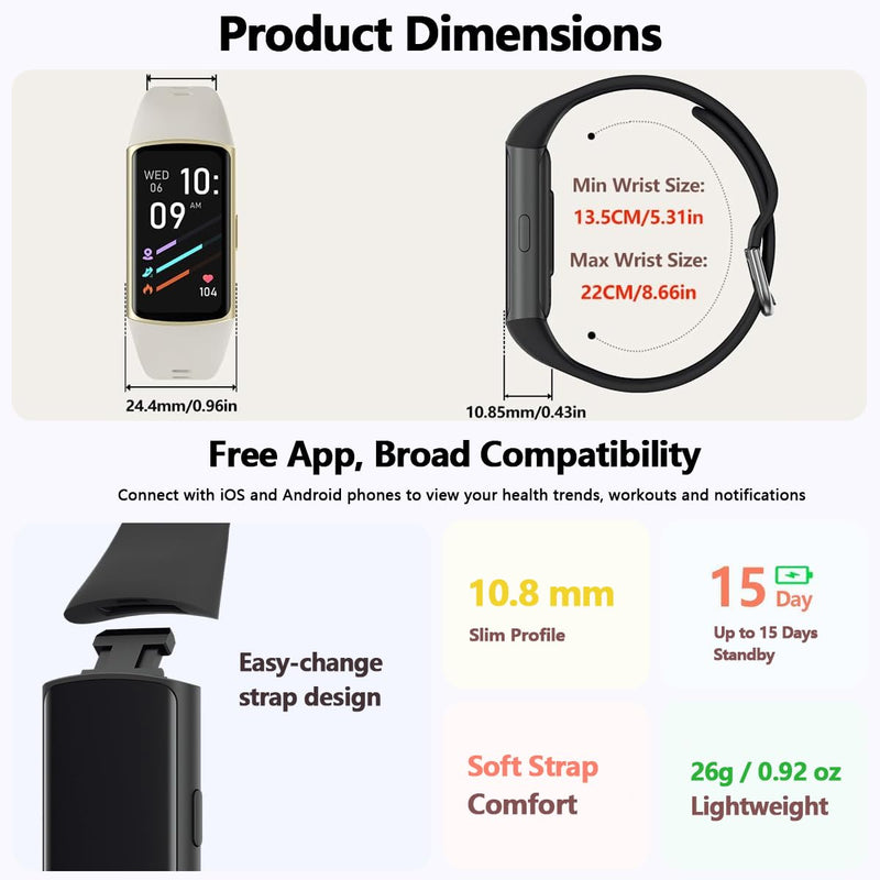FITVII Slim Fitness Tracker for Women Men, Fitness Watch for Android iOS | 24/7 Heart Rate & Blood Pressure, Blood Oxygen, Sleep Monitor, IP68 Waterproof Activity Trackers with Calories Step Counter Black