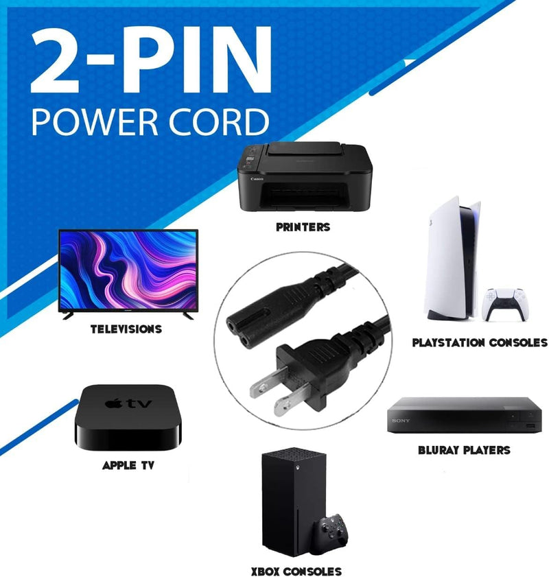 AC 2 Prong Power Cord 3FT C7 Figure 8 Replacement Power Cable for Samsung TV, LG, TCL, Roku, PS5, PS4, Xbox Game Console, Monitor and More
