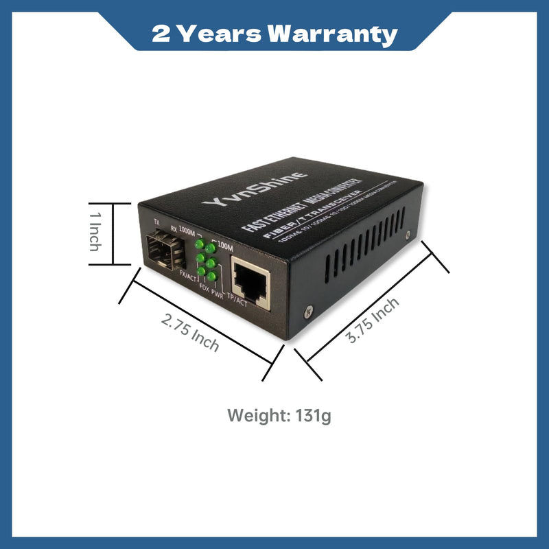 YvnShineGigabit Fiber Media Converter 2-Pack, MultiMode LC to RJ45 | Includes 2X 1.25G SFP Modules (850nm, 550m), 10/100/1000Base-Tx to 1000Base-SX Network Extension Kit Black 2 PCS MultiMode Dual LC