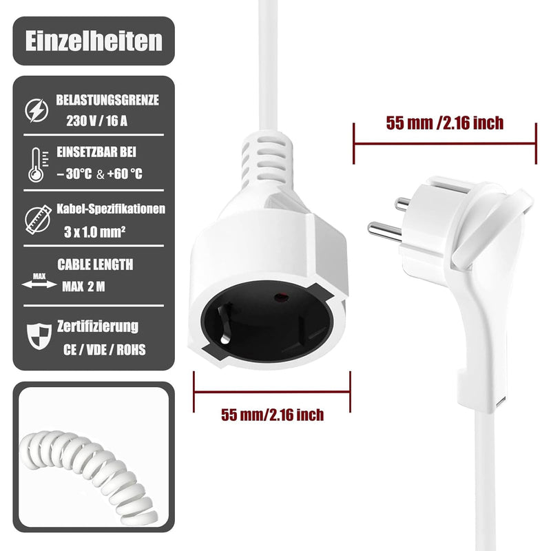 Earthing Contact Spiral Extension, 0.8 m to 2 m Stretchable Spiral Cable with Flat Plug and Earthing Contact Coupling, (230 V/16 A) PVC Extension Cable, IP20, White WS 2M LG