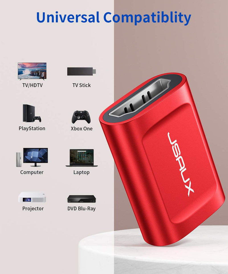 HDMI Coupler Female to Female 2 Pack, JSAUX 4K HDR HDMI Extension Connector Adapter Aluminum Alloy for HDTV, Roku Stick, Computer, PC, Monitor, Laptop, Projector, DVD Player, PS 4/3(Red) red