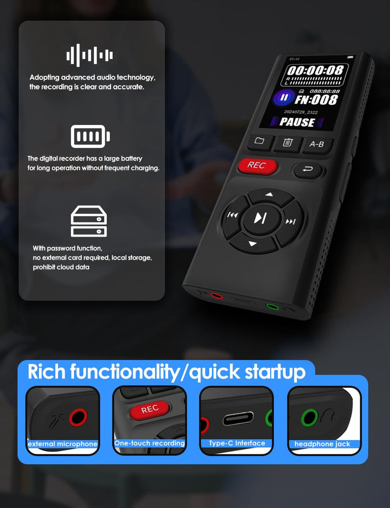 [AUSTRALIA] - 64GB Jaswill Digital Voice Recorder with Playback Long Battery 2-inch Screen MP3 Audio Recording for Meetings Lectures and Interviews Portable USB Recording Device with Voice Activation 