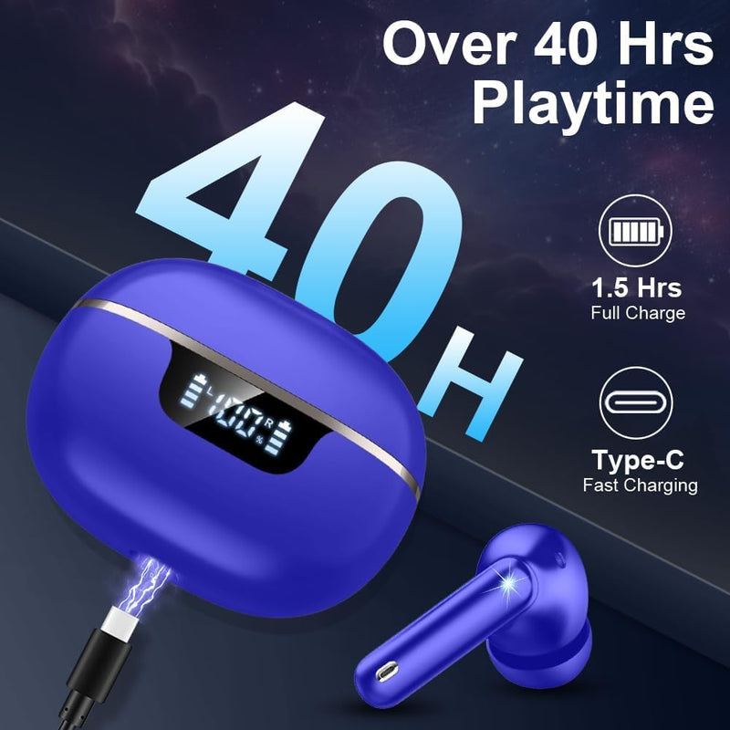 Wireless Earbuds, Bluetooth 5.4 Headphones 50H Playtime Ear Buds Earphones | IP7 Waterproof with 4 ENC Mics, HiFi Deep Bass, LED Display Fast Charging, 2026 in-Ear Headphones for Sports & Outdoor Blue