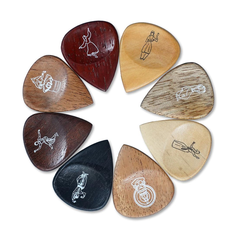 [AUSTRALIA] - Kadence Heritage Wooden Guitar Picks – Set of 8 Handmade Picks with Indian State Woods & Art – Includes Maplewood, Teakwood, Ebonywood – For Acoustic & Electric Guitars 