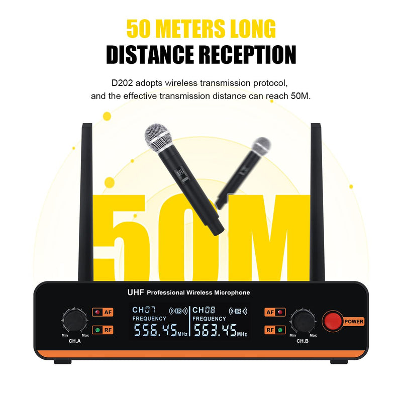 D20 Professional Wireless 2 Handheld VHF 230-250 MHZ Microphone System 100m distand for Karaoke,Party, Speech (D20-2) D20-4