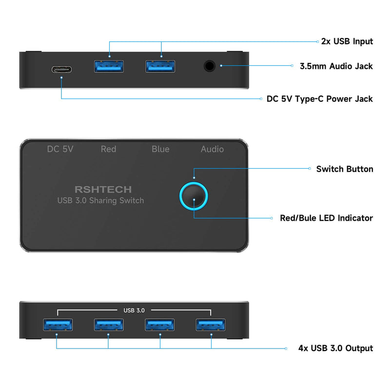 RSHTECH USB 3.0 Switch Selector with 4 USB-3.0 Ports, 3.5mm Audio Jack | 2 Computers Sharing 5 Peripheral Devices, Aluminum USB Switcher Hub with 2 USB Cable for Keyboard, Mouse, Printer RSH-A201