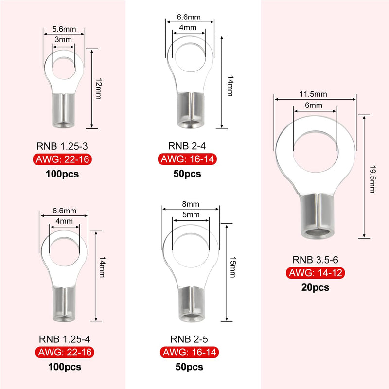 [AUSTRALIA] - YIXISI 320 Pieces M3/M4/M5/M6 Non-Insulated Ring Wire Terminals Kit, Ring Terminals Crimp Connectors, O-type Wire Crimp Copper Terminal Connector, Copper Lugs Terminals Plug, AWG 22-16 16-14 14-12 