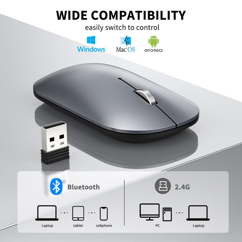 TECKNET Rechargeable Bluetooth Mouse for MacBook Pro/iPad/Laptop/Windows, Slim Silent Wireless Mouse Bluetooth 5.0/3.0 2.4G Portable Optical Cordless Mice with USB Receiver 4 Adjustable DPI