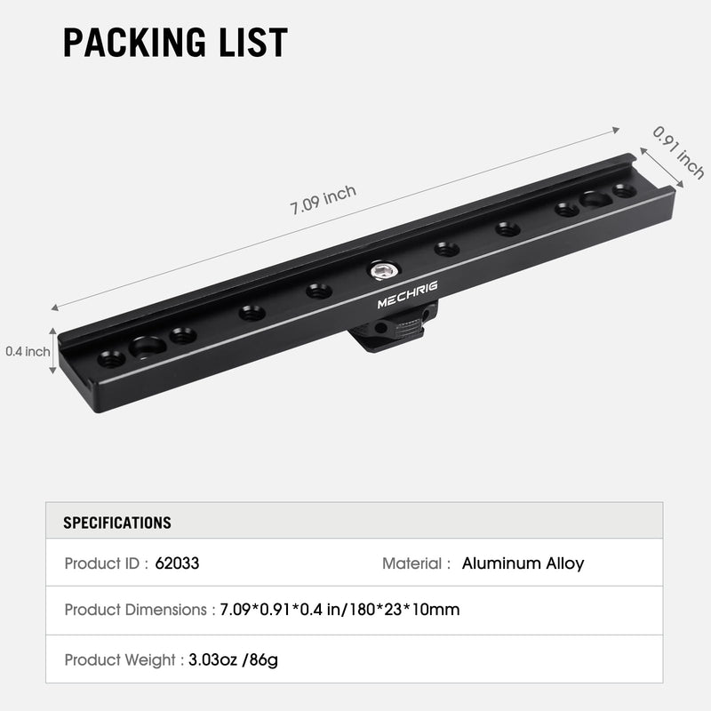 7 Inch Cold Shoe Mount Bracket Cold Shoe Extension Bar, Aluminum Sliding Rail Hot Shoe Mount Bracket with 1/4" & 3/8" Thread for DSLR Camera LED Video Light Microphone Monitor (62033)