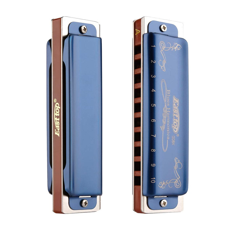 East top Professional Harmonica Blues Key of A 10 Hole 20 Tone Heavy Duty with Case & Cleaning Cloth for Professional Player, Beginner by Eison-East Top,Blue,Best Gift Blue A