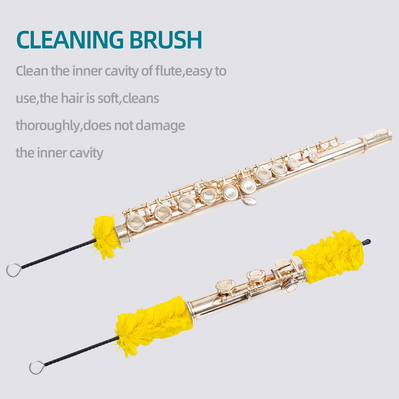 Flute Cleaning Kit Include 1pc Cotton Cleaning Brush, Flute Swab, Double-End Dust Brush,Flute Cleaning Rod, Screwdriver for Flute Repairing,Cork Grease, a Pair Cotton Gloves, 2pcs Flute Cleaning Cloth yellow