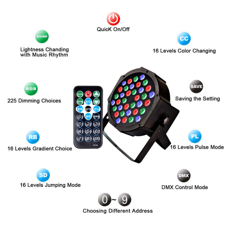 KOOT Stage Lights, 36 X 1W DJ Par Light 7 Channel with Remote and DMX512 Controller Sound Activated RGB Party Lights for Wedding Disco Church Bar