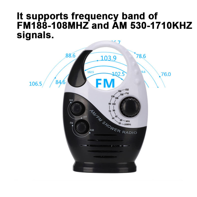 Waterproof Shower Radio, AM/FM Radio with Adjustable Volume Speakers, Battery Powered Portable Speakers with Hook Handle for Shower Rooms Bedside Tables Garages Black