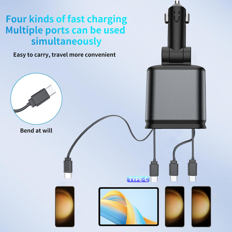 4 in 1 Car Charging Adapter with Star Projector Light Retractable Cable Double USB C & USB A Fast Car Charging for Phone