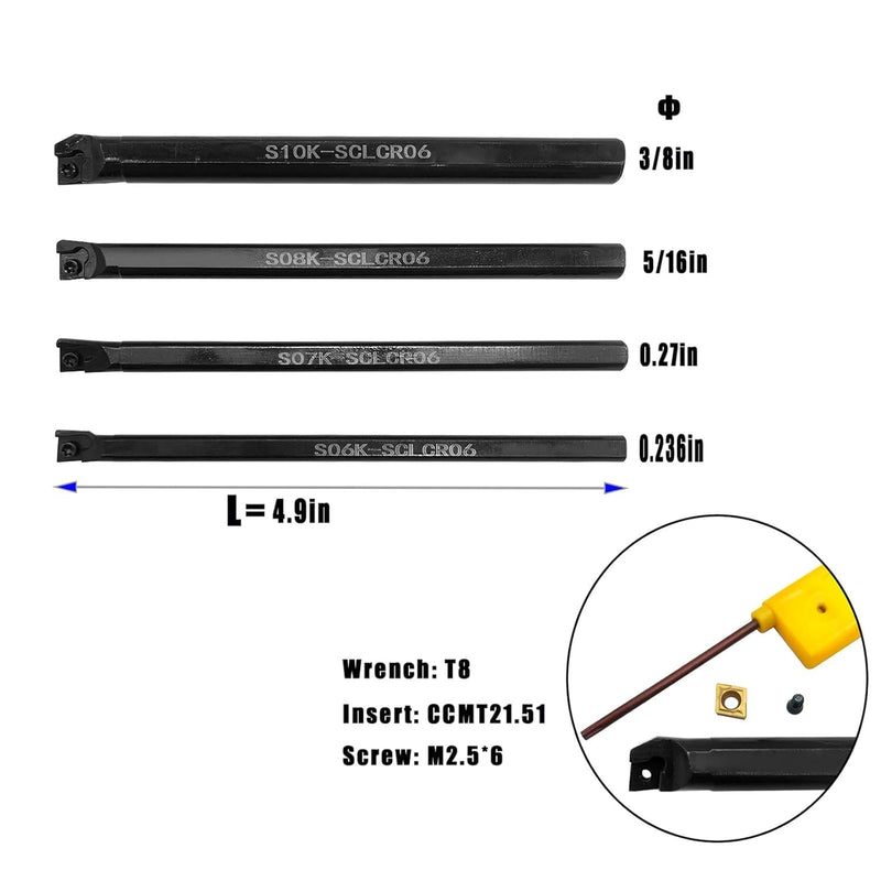 Hunricho Mini Metal Lathe Tools Drill Bar Set 15 / 64 inches, 9 / 32 inches, 5 / 16 inches, 3 / 8 inches Shank Rotary Tool Holder with CCMT21.51 CCMT06 Drill Rod Replacement Carbide Turninng Inserts 4pcs Bohrstange