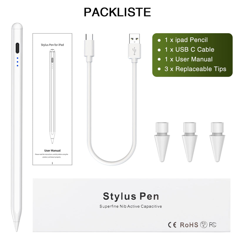 Stylus Pen for iPad 2018-2023, Fast Charging Pencil (1st Generation) with Tilt Sensitivity & Palm Rejection, Magnetic Pen for iPad Air 3/4/5, iPad Mini 5/6, iPad 6/7/8/9/10, iPad Pro 11"/12.9" Cool White