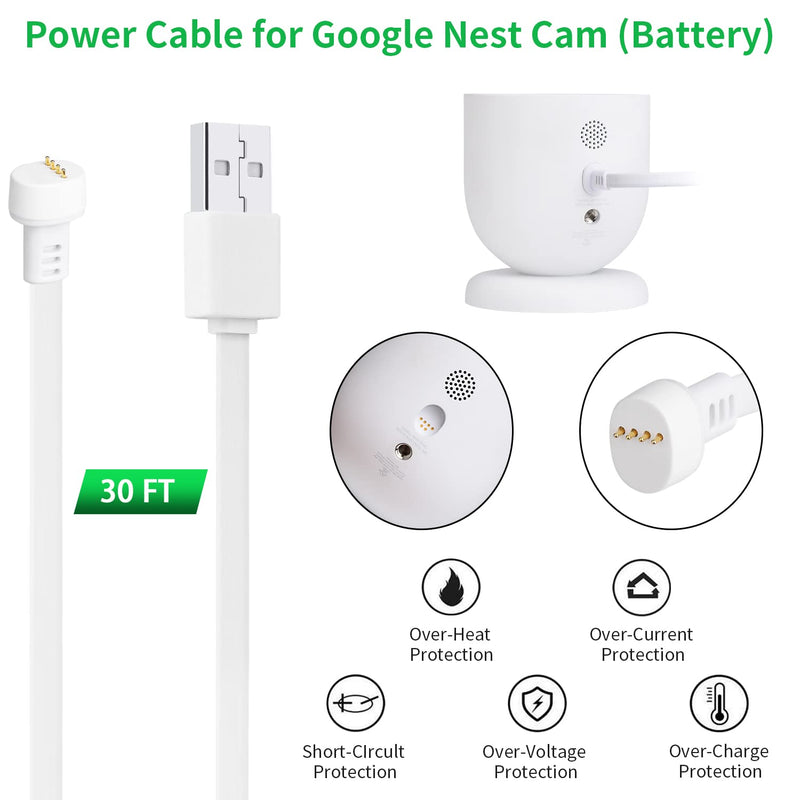 Power Cable Compatible with Google Nest Cam Outdoor or Indoor, Battery, 30Ft/9.1m Weatherproof Outdoor Cable Continuously Charging Your Nest Camera (White) White
