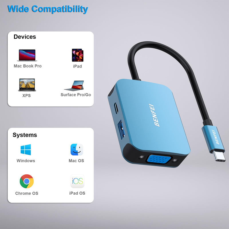 [AUSTRALIA] - BENFEI USB C HUB 4in1, USB Type-C to HDMI VGA Adapter, USB C to USB Adapter, USB Type-C Power Delivery, Compatible with iPhone 15 Pro/Max, MacBook Pro/Air 2023, iPad Pro, iMac, S23, XPS 17 1 Blue 