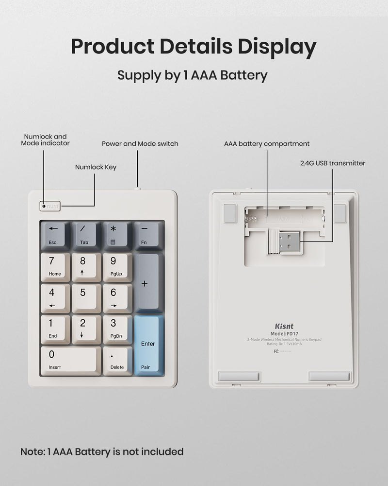 Kisnt FD17 Wireless Mechanical Numpad for Excel Financial Data Entry | Bluetooth 5.0 & 2.4G Dual Mode Connection, 17 keys Hot Swappable with PBT Keycaps, Ideal for Laptops PC Compact Keyboards Beige
