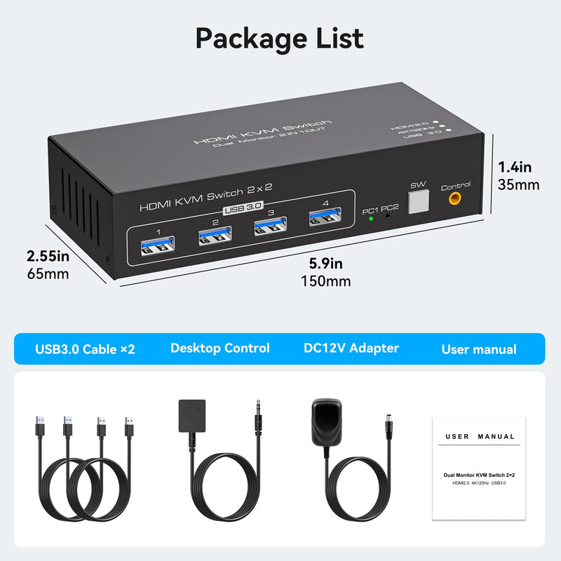 4K@120Hz KVM Switch 2 Monitors 2 Computers 8K@60Hz HDMI KVM Switch Share Dual Monitor and 4 USB Devices Support Extended/Copy Mode with USB 3.0 Cables and Extended Controller Black