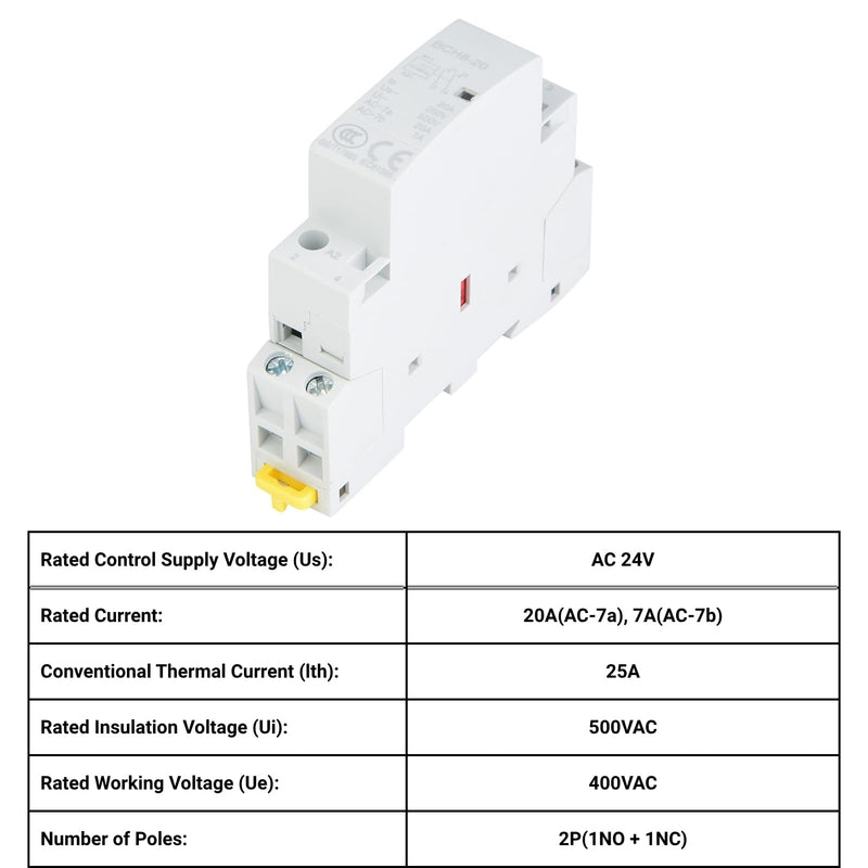 Jadeshay AC Contactor 2P 20A 24V 220V/230V 50/60Hz Household Contactor DIN Rail Mounting 1NO 1NC (24V)