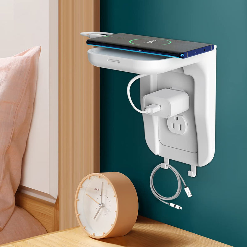 Suptek Wall Outlet Shelf, Home Wall Shelf Organizer for Outlets, Perfect for Bathroom, Kitchen, Bedrooms,Ideal for Cell Phone,Speaker up to 20lbs,With Cable Management and Detachable Hooks,White(S3W) 1 Pack
