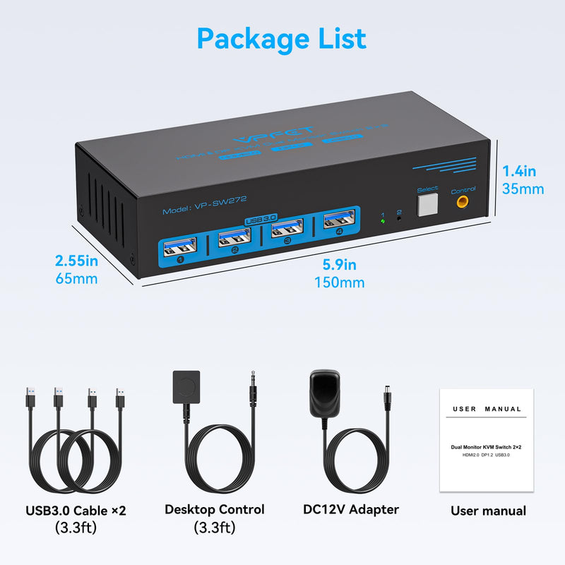 KVM Switch 2 Monitors 2 Computers 4K@60Hz HDMI DisplayPort Dual Monitor | KVM Switches with 4 USB 3.0 Ports, Support Extended/Copy Mode, Perfect for Work, Entertainment & Home Office
