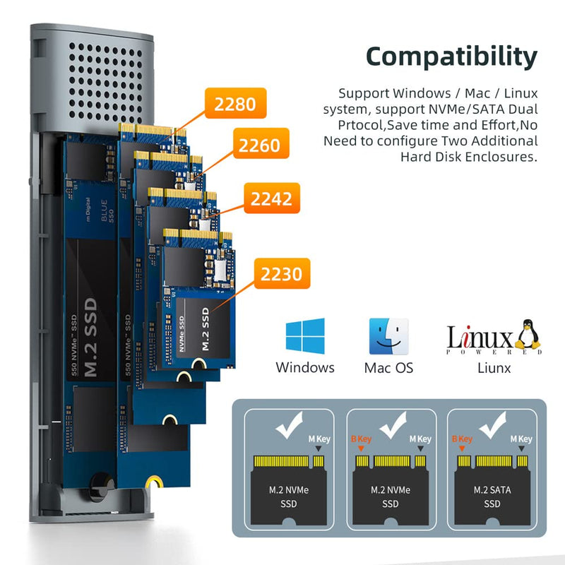 MAIWO M.2 SSD Enclosure Adapter,USB C to M.2 NVME/SATA,MAX 10Gbps,Support 2TB Storage Expansion,Support M or B&M Keys,Aluminum Alloy,Tool Free,Automatic Sleep (FIts 2230/2240/2260/2280)