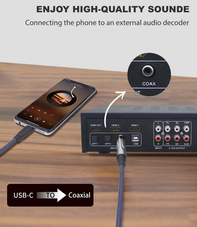 [AUSTRALIA] - 6FT USB c to Coaxial Cable Male Type-c to Digital coaxial Audio Adapter, It can Output 32-bit/384kHz Digital Audio Signals for dac amp Sound Preamp Amplifier 