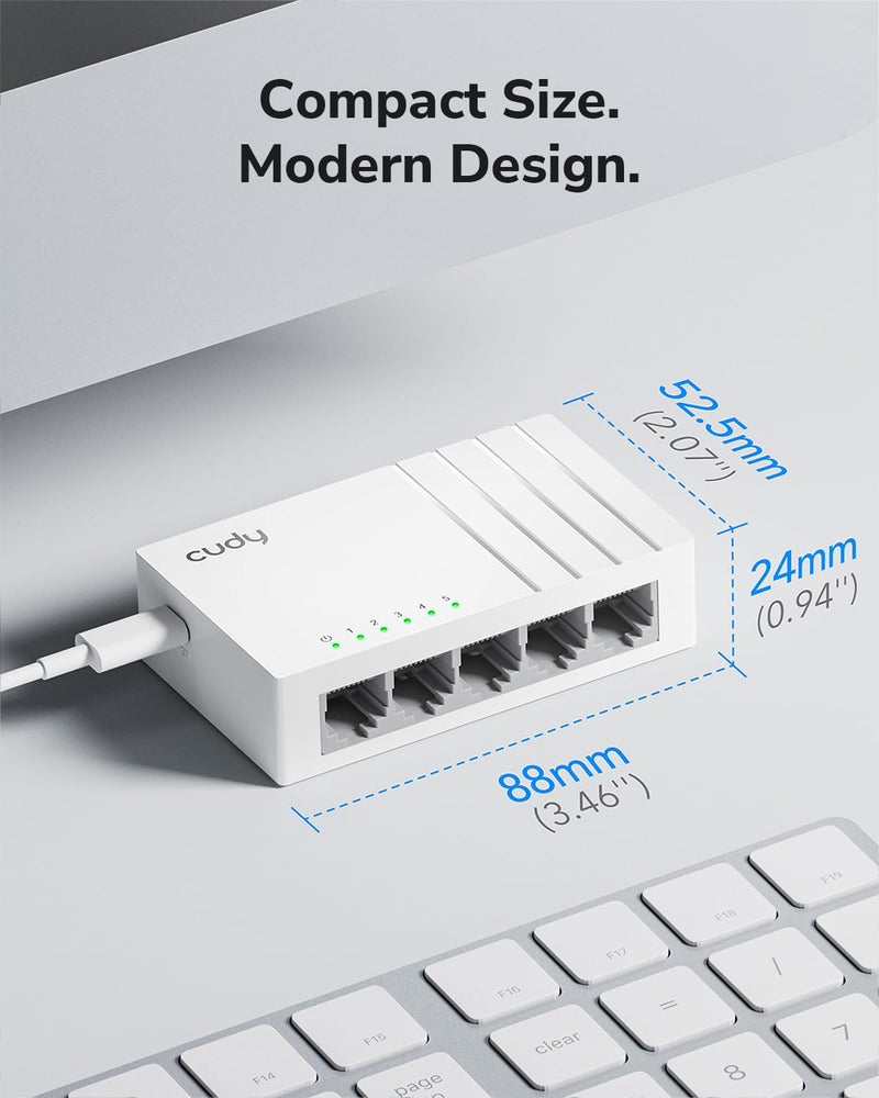 Cudy 5-Port Gigabit Ethernet Network Switch, USB-C Power Input, GS105U | 5x GbE, Type-C powered, plug & play, auto-negotiation, auto MDI/MDI-X, jumbo frame, QoS, silent plastic body, ultra-slim
