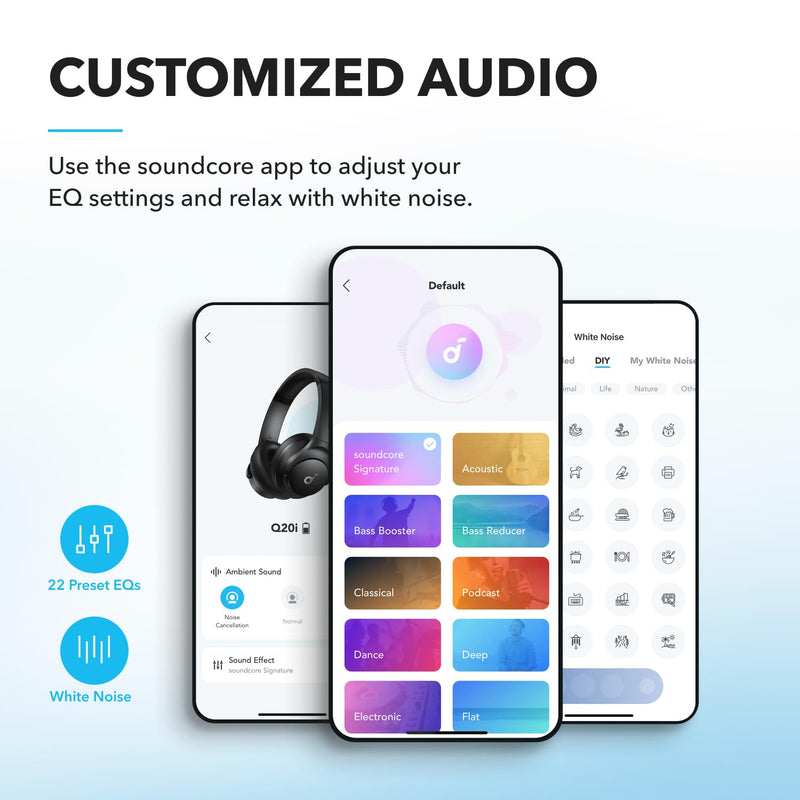 Soundcore by Anker Q20i Hybrid Active Noise Cancelling Headphones, Wireless Over-Ear Bluetooth, 40H Long ANC Playtime, Hi-Res Audio, Big Bass, Customize via an App, Transparency Mode BLACK