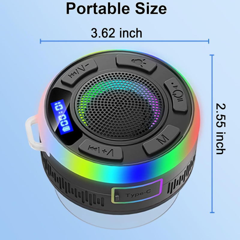 [AUSTRALIA] - Shower Bluetooth Speaker IPX7 Waterproof, Portable Bluetooth Speakers with Suction Cup and Time Display, Crystal Sound&Bass LED Light 1100mAh, Wireless Shower Speaker for Outdoor/Kayak/ Gifts/Beach Black 