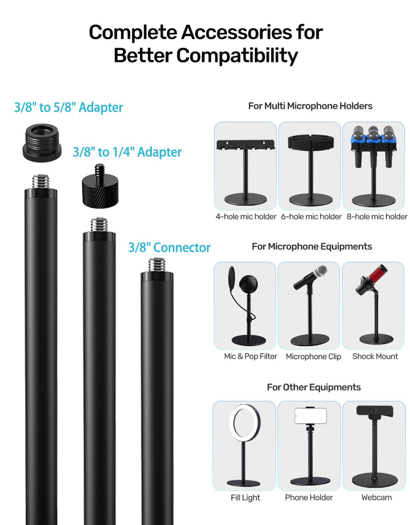 Desktop Microphone Stand, Weighted Base & Wide Compatibility, 3/8" Table Mic Stand with 5/8" and 1/4" Screw Adapters & Cable Ties, Ideal for Multi Microphone Holder, Podium, Podcasts, Meeting