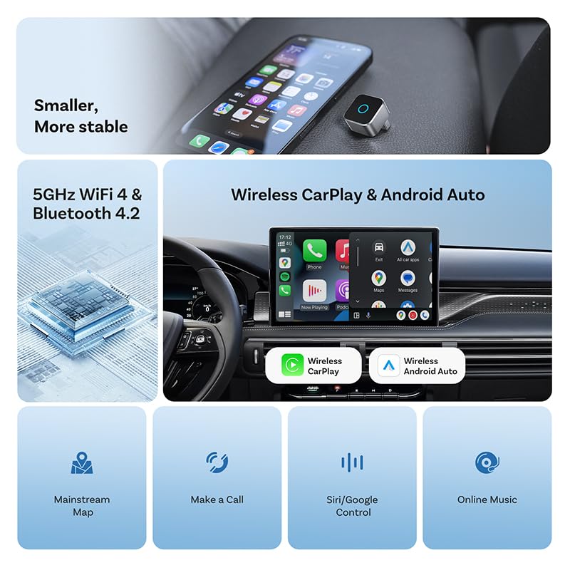 2026 Upgraded Wireless CarPlay Adapter, Fast Auto Connect, Stable Connection, Mini Size Plug & Play Adapter for iPhone & Android Auto Compatible Cars