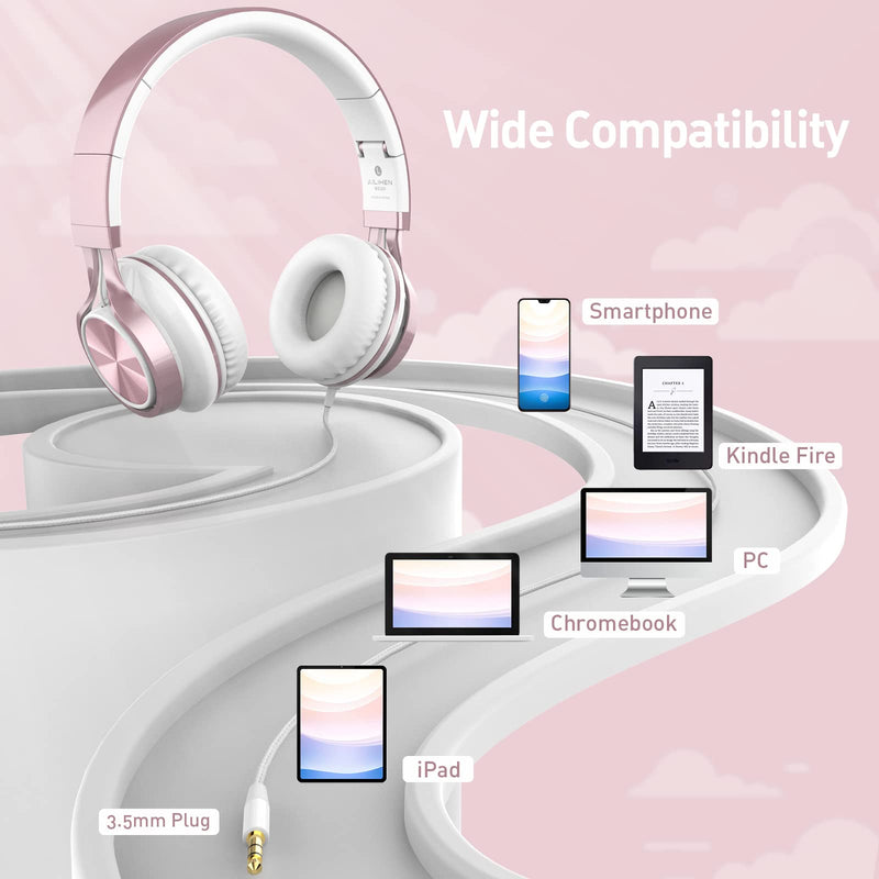 [AUSTRALIA] - AILIHEN MS300 Girl Headphones for Kids School, Wired On-Ear Headsets with Microphone for Chromebook Laptop Computer, Foldable Adjustable Teen Headphones, Tangle-Free, 3.5mm Jack (Rose Gold) Pink 