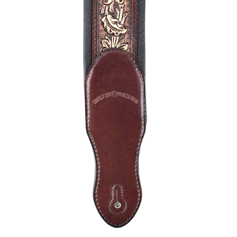 Walker & Williams KB-02-BRN Rustic Brown Carved Leather Padded Guitar Strap With Floral Skull & Christian Cross For All Acoustic, Electric And Bass Guitars