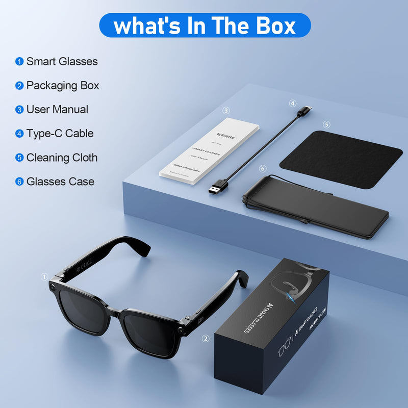AI Smart Glasses, Video Recording, Real-Time Voice Translator, Open-Ear Audio, Bluetooth & Voice Assistant, Wearable Camera Sunglasses Black Sunglasses