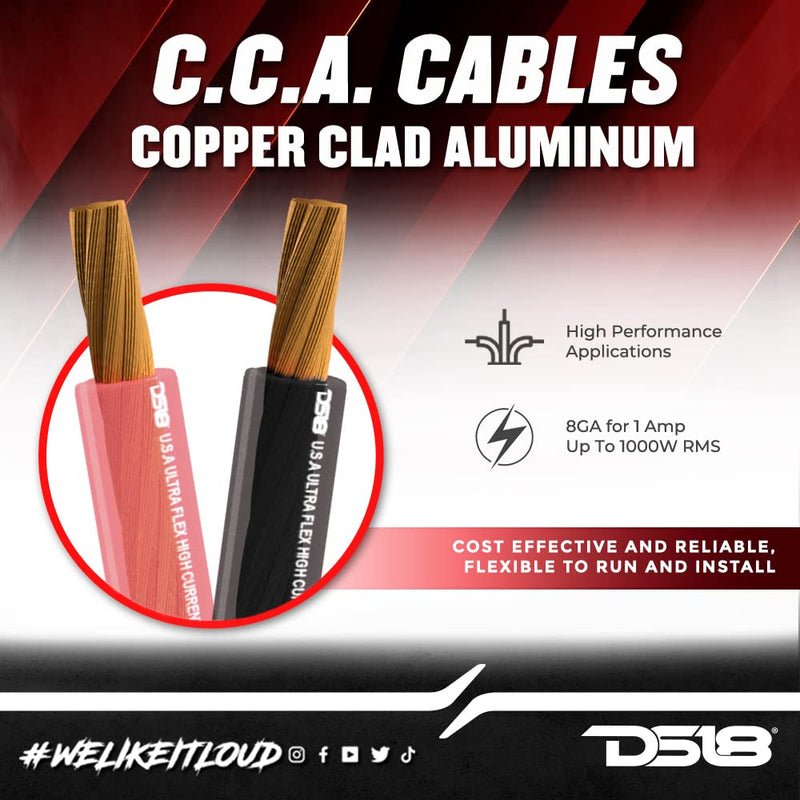 DS18 PW-8GA-5BK/20RD Ultra Flex Power Wire CCA 8 Gauge, 5ft Black and 20ft Red - Power Amplifier Wiring Kit