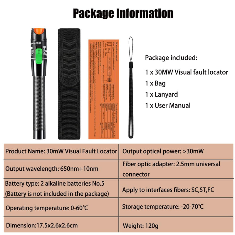 LIAYTRSS Visual Fault Finder 30mW 30km FTTH Fiber Optic Tester Fiber Optic Pen with 2.5mm Standard Interface for Fiber Interface SC/FC/ST (Pack of 1) 1PCS