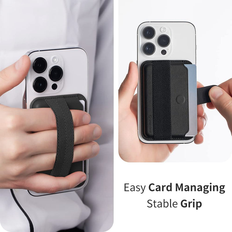 Sinjimoru Comb-Pattern Phone Grip Wallet, Vegan Leather Magnetic Cell Phone Card Holder Wool Band Strap as Credit Card Case Compatible With iPhone 15 14 13 12 Series. M-Pull Tab Band Black