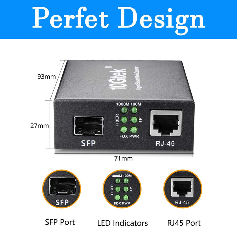 A Pair of Gigabit Single Mode LC Fiber Media Converter, with 2 Pcs SFP LX Modules, 1.25G/s Fiber to Ethernet Converter, 1000Base-LX to 10/100/1000base-TX, SFP to RJ45, SMF, 1310nm, up to 20km Standard Single Mode: 20km