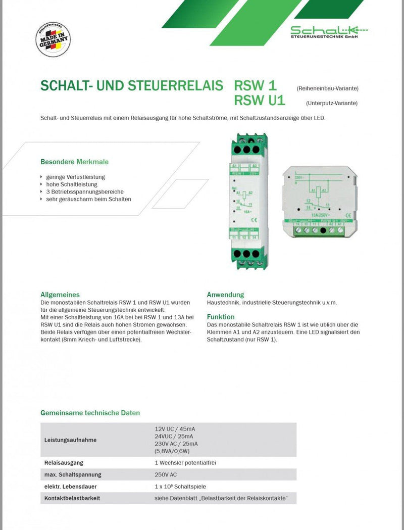 Switch Relay 230 V AC, 1 Changer (UP) SCHALK RSW U1 (230 V AC)