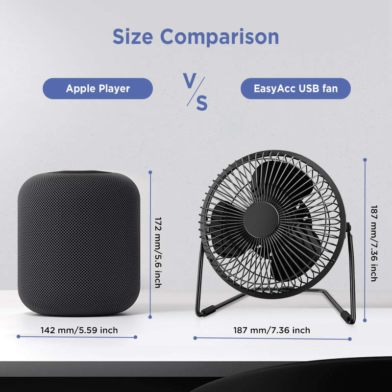 EasyAcc 6 Inch USB Desk Fan, [ Small Quiet Powerful Metal Fan ] USB Powered Portable Fan, Strong Airflow& 360°Rotation Personal Table Cooling Fan with 2 Speed - Black (USB POWERED ONLY) 6" USB Fan