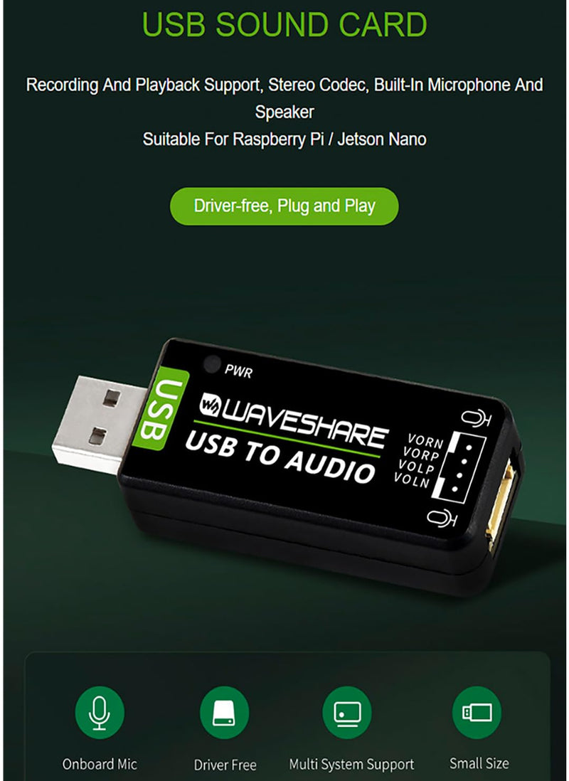 USB to Audio USB Sound Card with 8Ω 5W Speaker, Driver-Free Plug and Play | for Raspberry Pi/Jetson Nano, Win7/8/8.1/10,Linux,Android, Support Recording/Playback, Onboard Microphone/ Speaker Header
